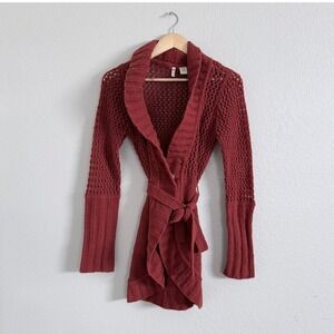 Anthropologie MOTH Wool Knit Open Front Cardigan Sweater Rust Red burnt orangeM